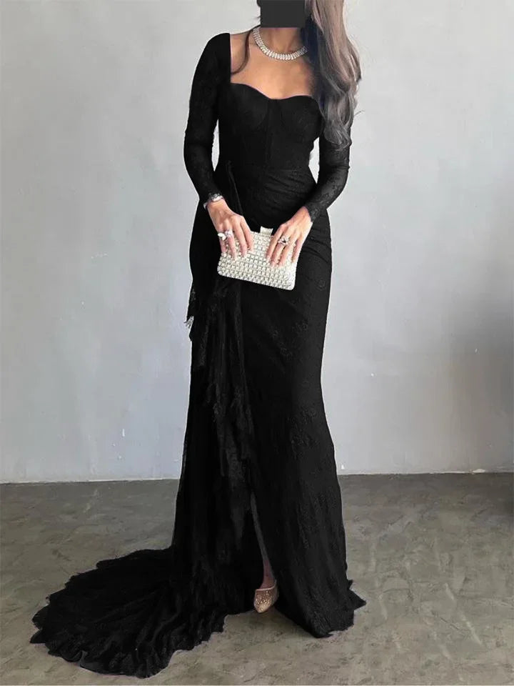 Elegant Lace Evening Dress with Ruffled Sleeves