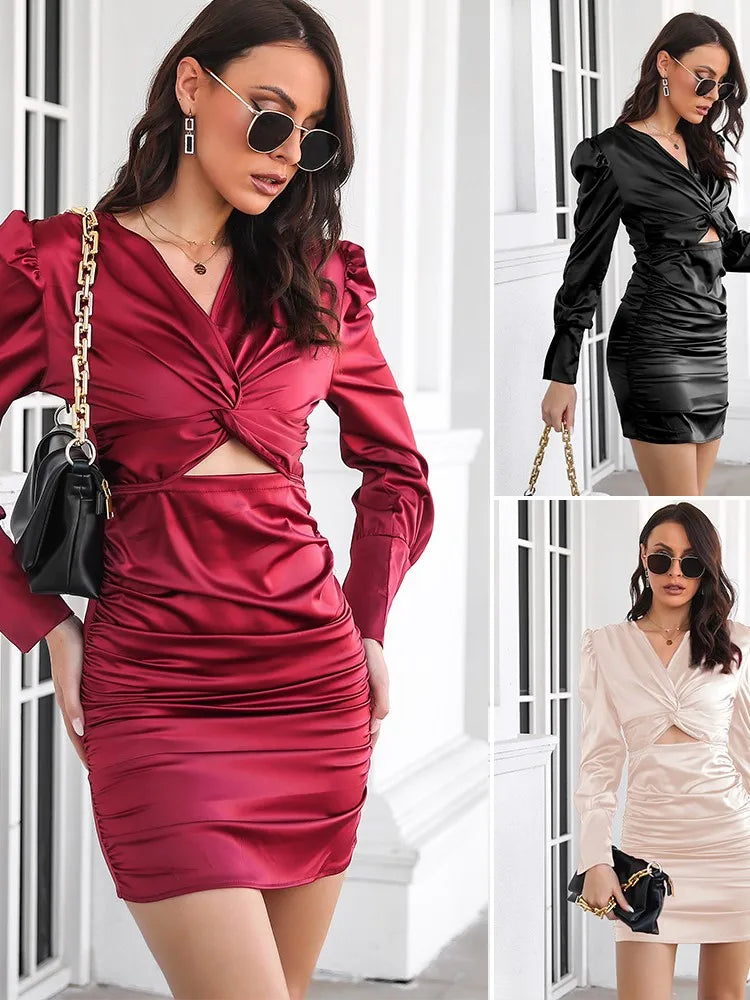 Satin Twisted Bubble Sleeve Long Sleeve Dress - Image 9