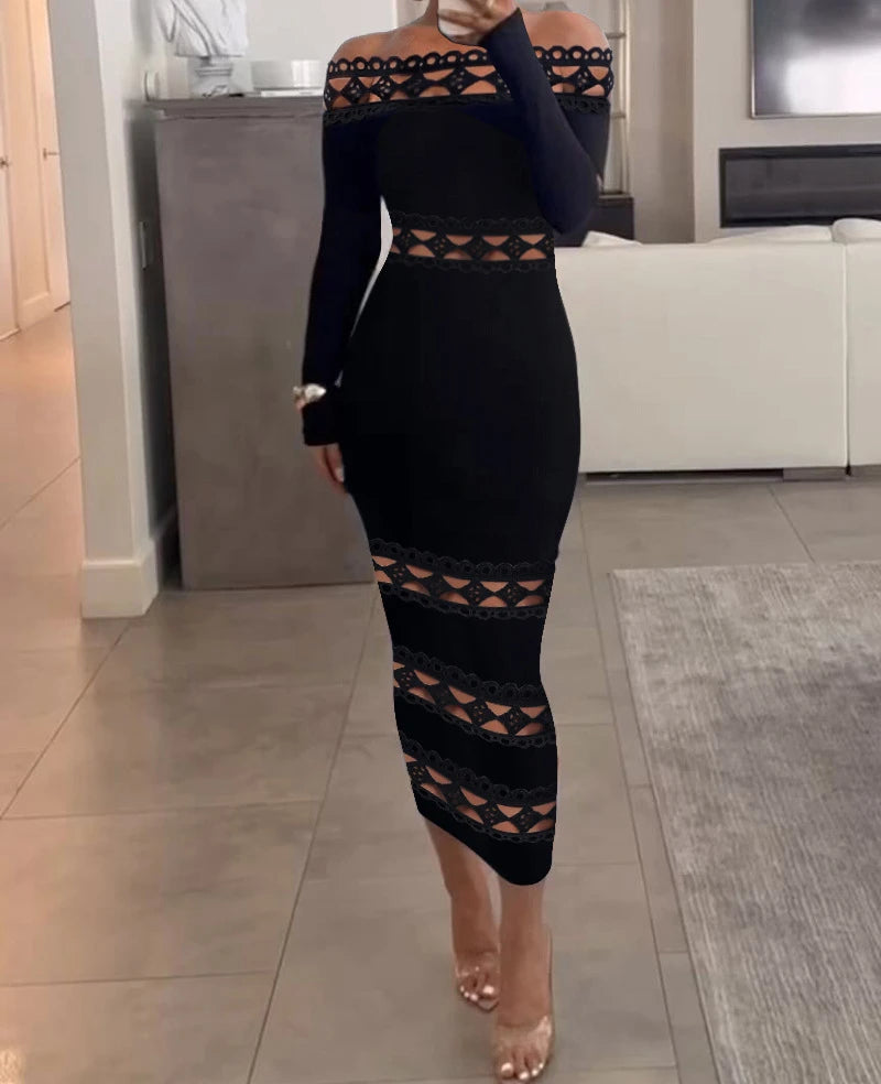 Versatile Off-Shoulder Lace Midi Dress for Autumn & Winter