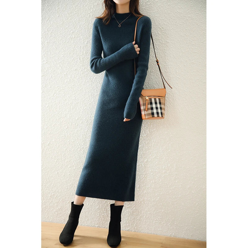Warm Wool Turtleneck Long Sleeve Winter Dress