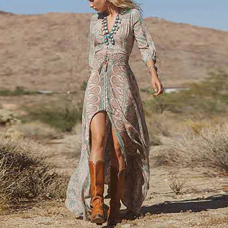 Elegant Bohemian Floral Print Chiffon Dress with V-neck