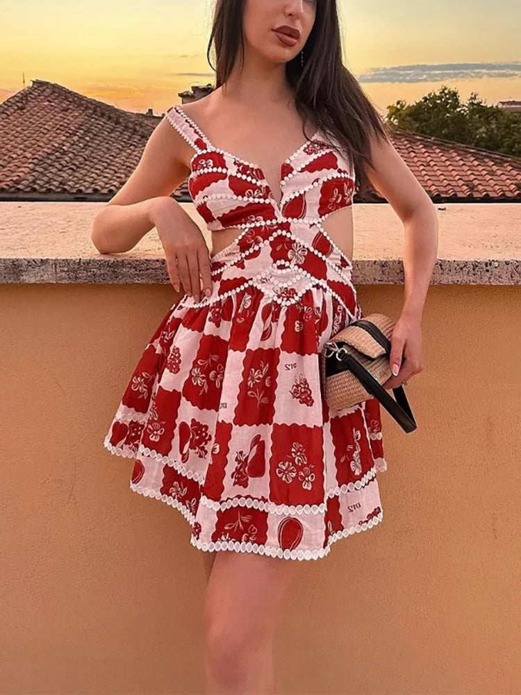 Summer Women's Casual Printed Lace A-line Dress