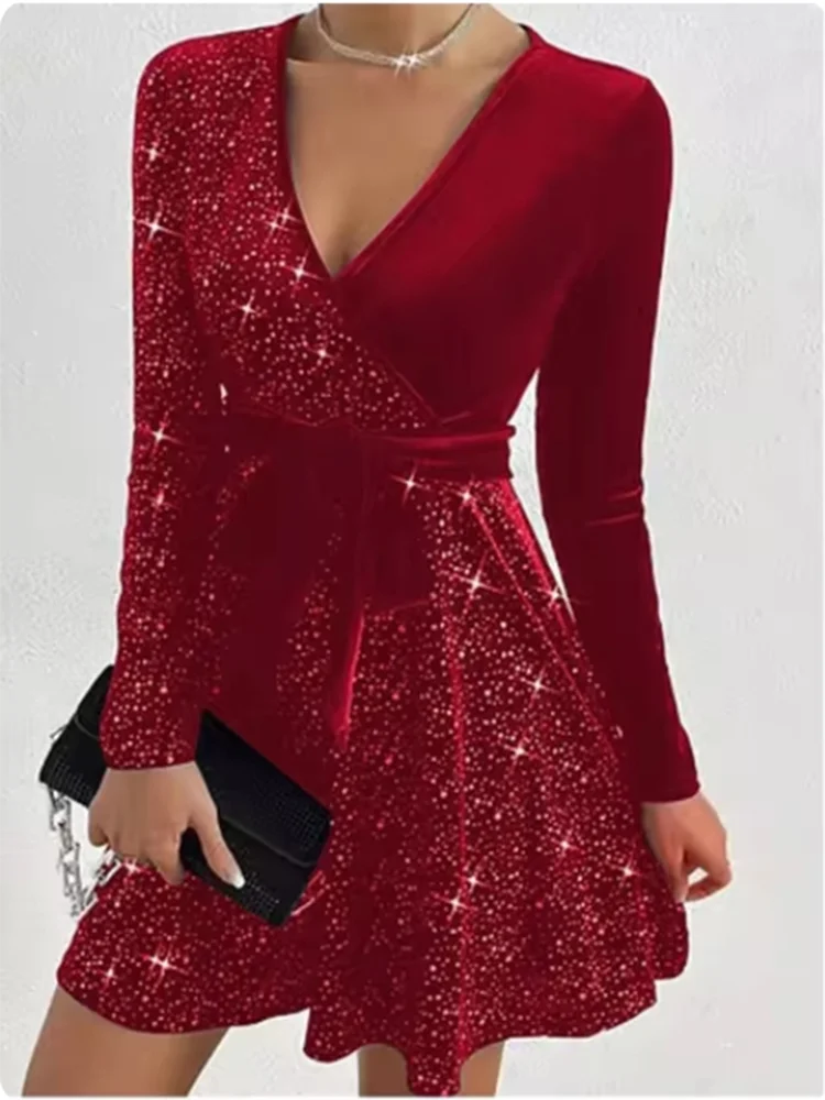 Elegant Gradient Sequined Long Sleeve V-Neck Dress