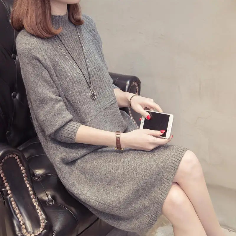 Stylish Women's Loose Mid-Length High Neck Sweater Dress
