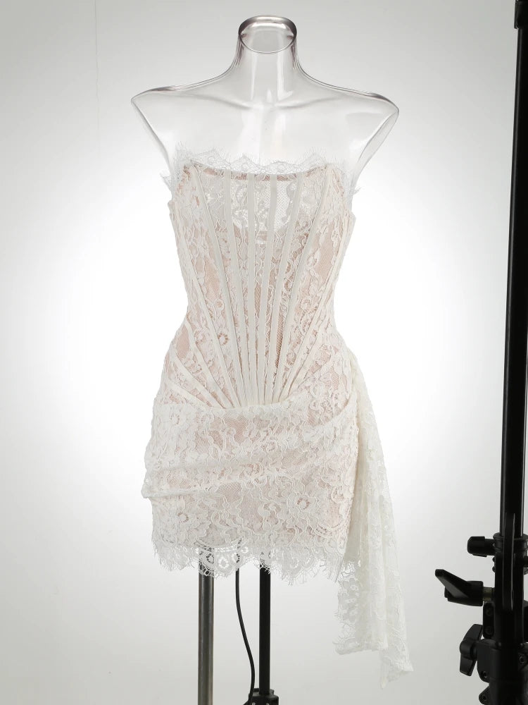 Elegant Lace Patchwork White Birthday Dress for Women