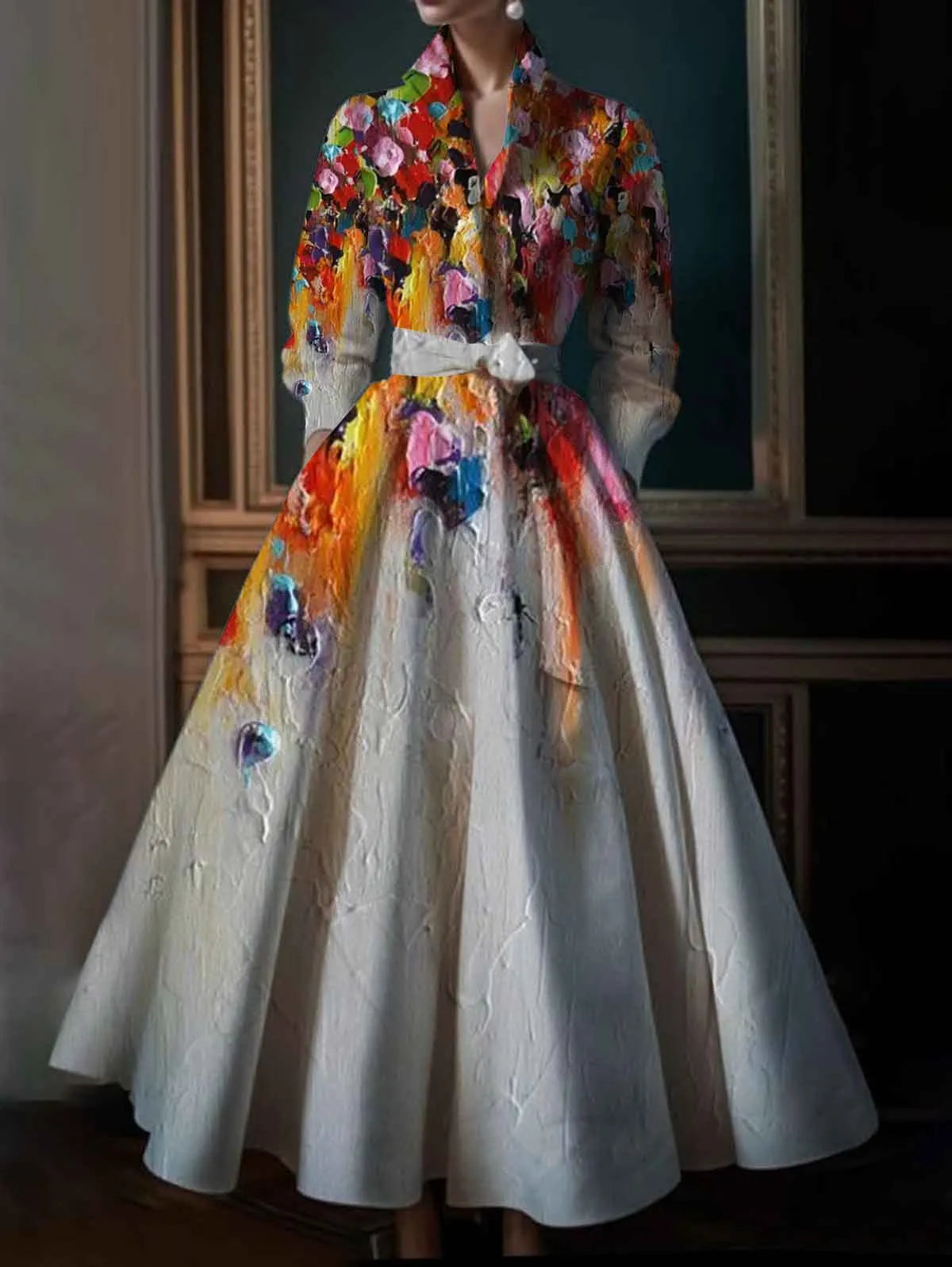 Elegant Floral Maxi Dress with Turndown Collar & Long Sleeves