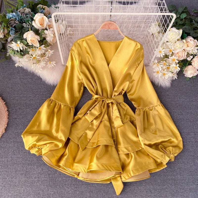 Elegant Satin Ruffle Long Sleeve Dress for Parties