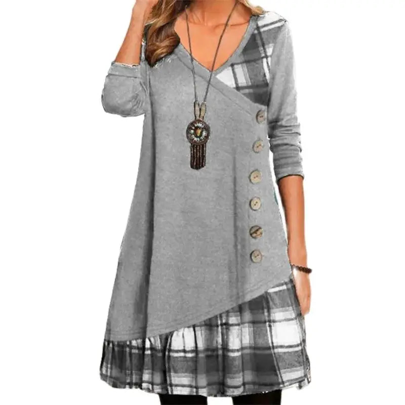 Elegant Women's Plaid Dress with V Neck and Long Sleeves