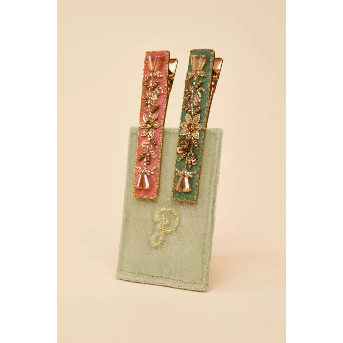 Narrow Bar Hair Clips - Coral and Green Garland
