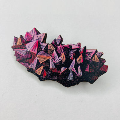 Purple Quartz Gem Crystal Formation Wooden Brooch Gift Birthday Christmas Jewellery Geology 3D Abstract Art Obelisk Mineral Reiki