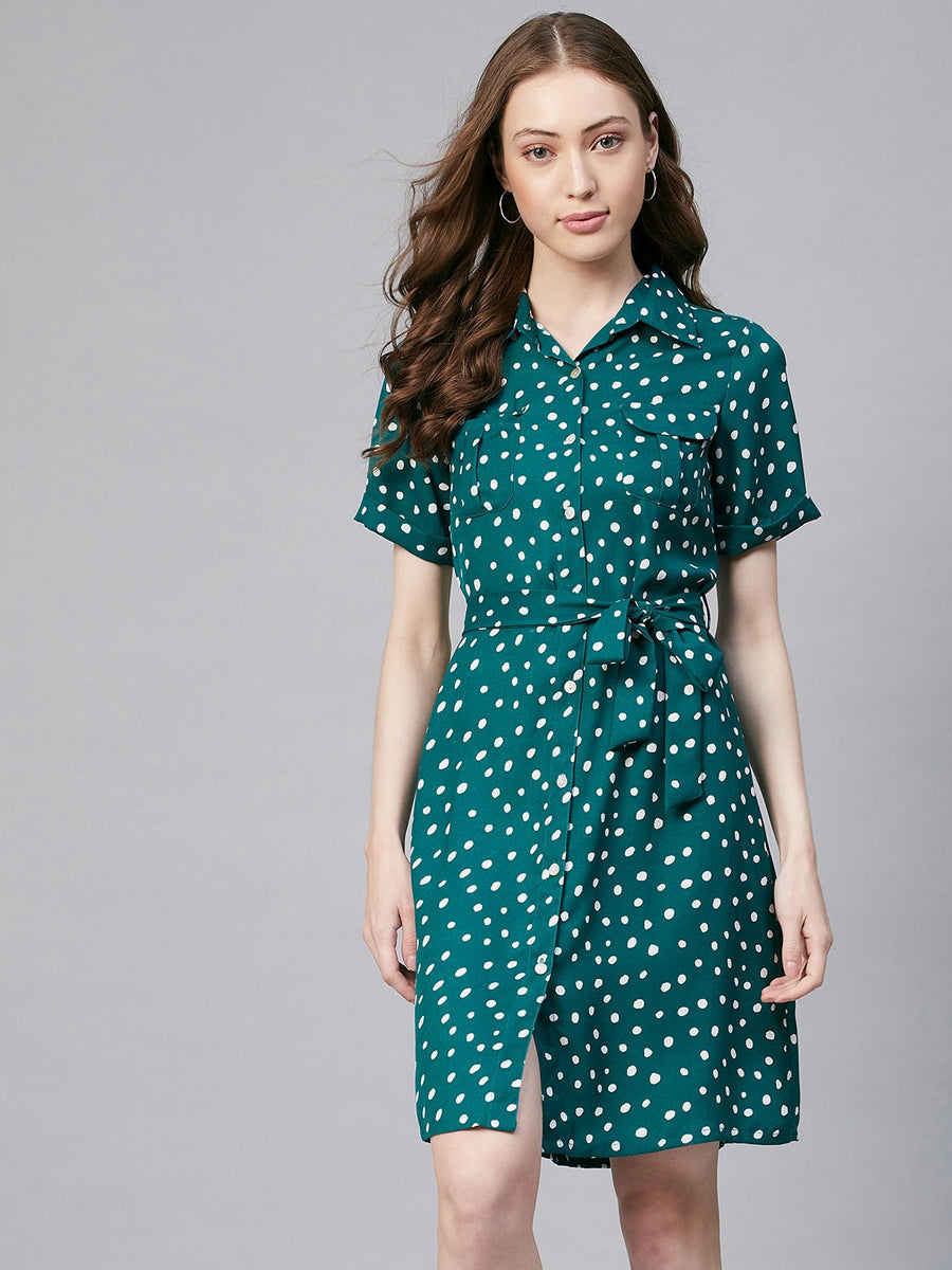 Women's Green & White Polka Polyester Shirt Dress – Stylestone