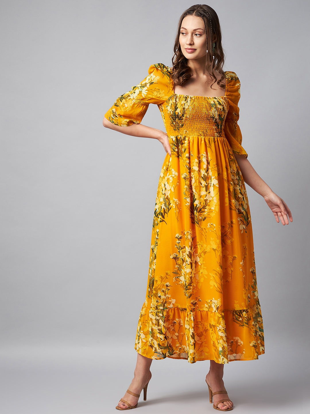 Womens Puff Sleeve Smocked Floral Maxi Dress Yellow Stylestone 6088