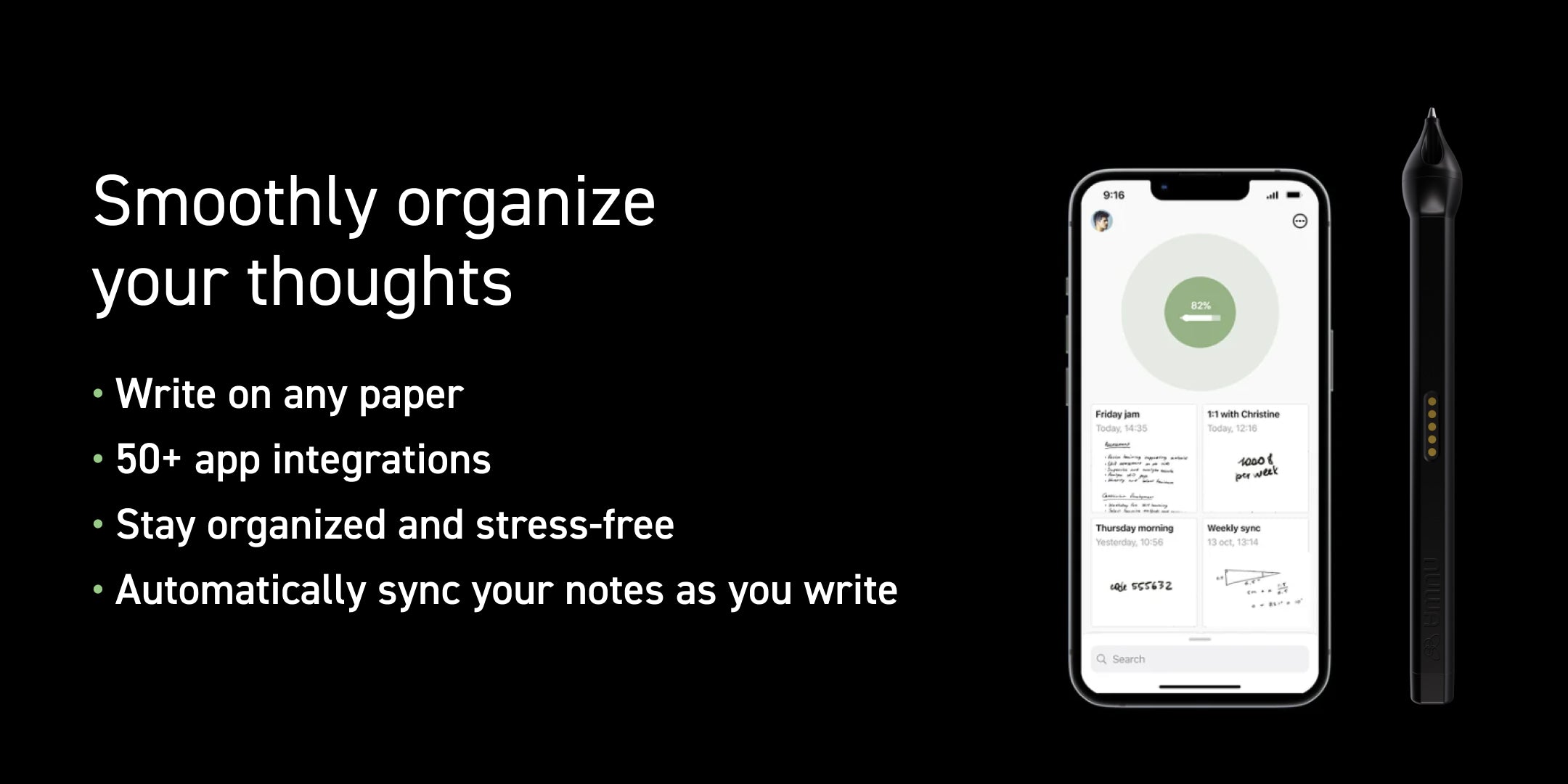 Digital note-taking device advertisement highlighting features and integrations, shown with a pen and smartphone app.