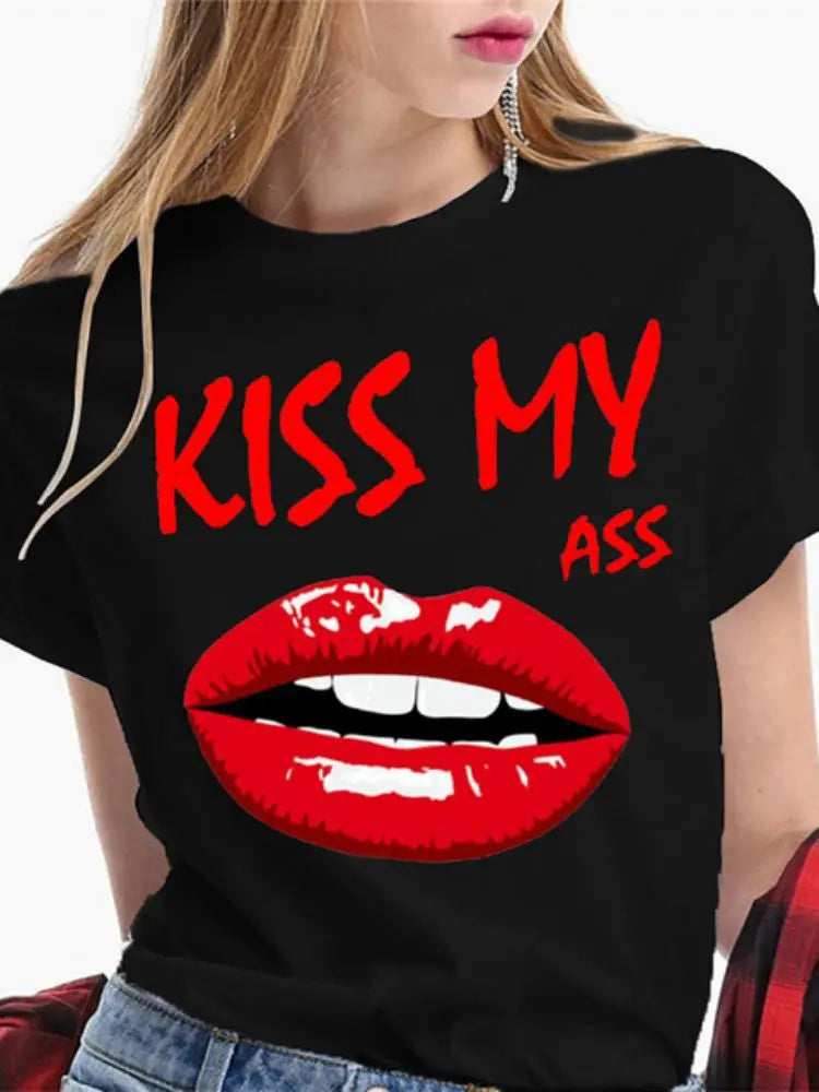 Fashion Sexy Red Lip Women T Shirt Funny Kiss Lips Print Ladies T-shirt Casual Basis O-collar Short Sleeves Female Tops Tees