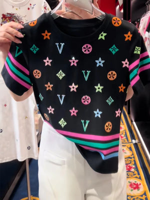 American retro rhinestone colored printed striped short sleeved T-shirt for women, summer 2025 new fashionable versatile top - Jkm and Me 