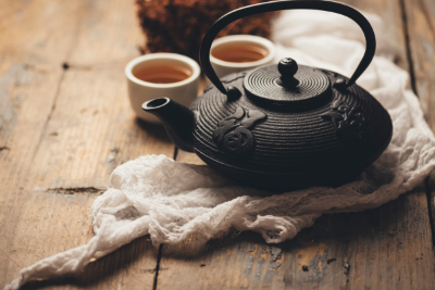 steel tea pot black floral tea