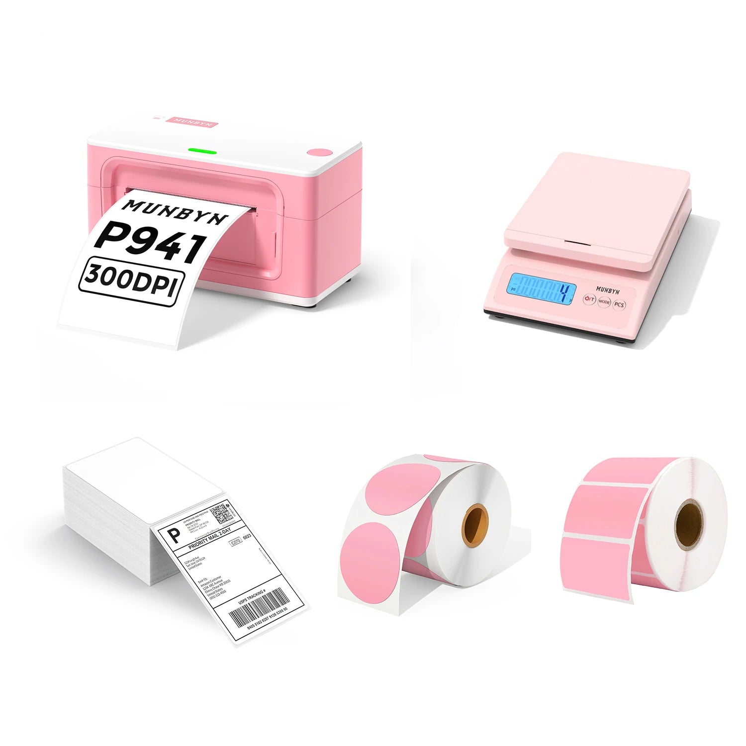 MUNBYN 4x6 USB Thermal Shipping Label Printer P941 Pro Starter Kit Full Set | Pink