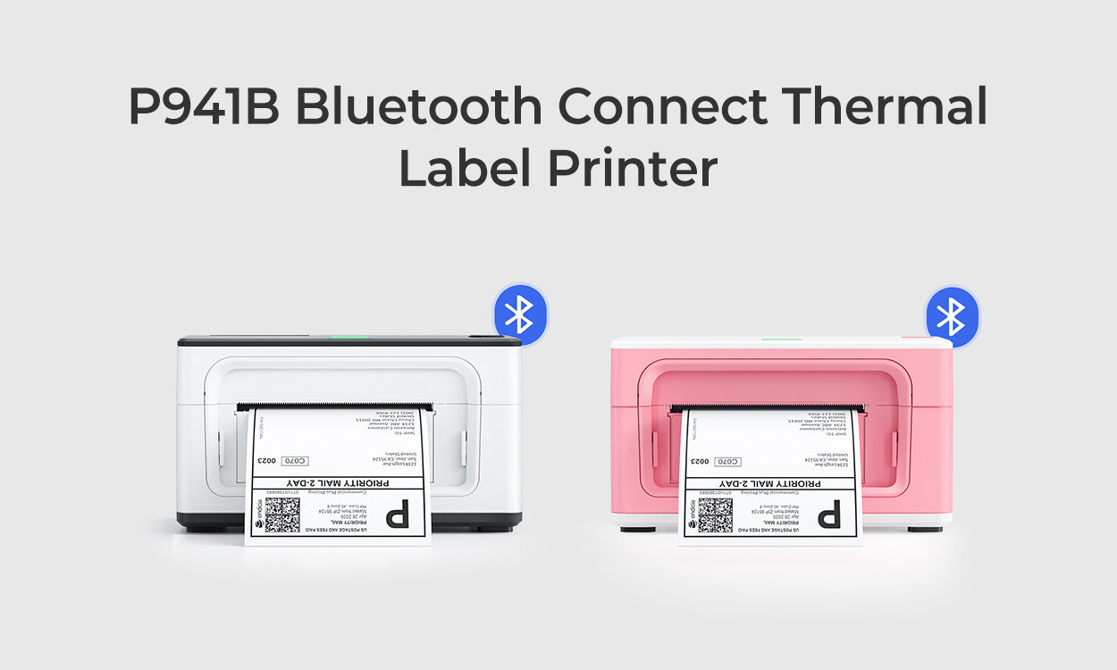 Munbyn P941B thermal label printer is printing shipping labels via Bluetooth.