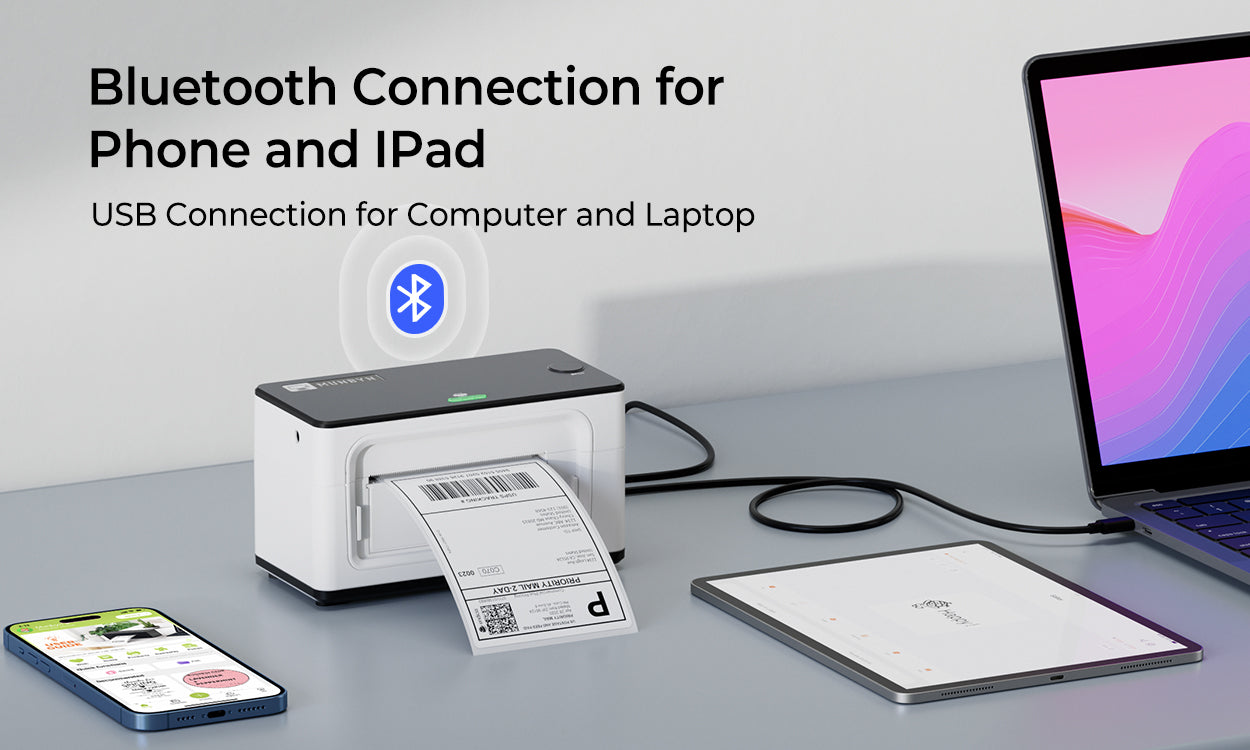 MUNBYN P941B thermal printer can be connected to a mobile device via Bluetooth and to a computer via USB.