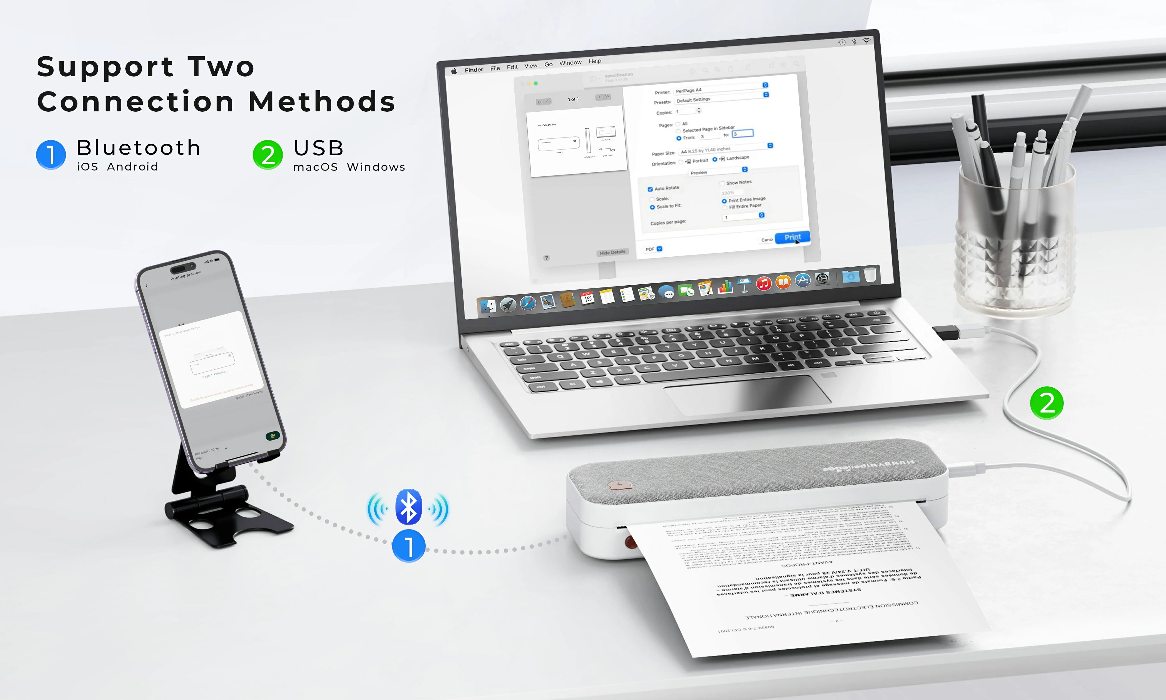 MUNBYN A4 printer can connect to your laptop, tablet, or smartphone via USB or Bluetooth.