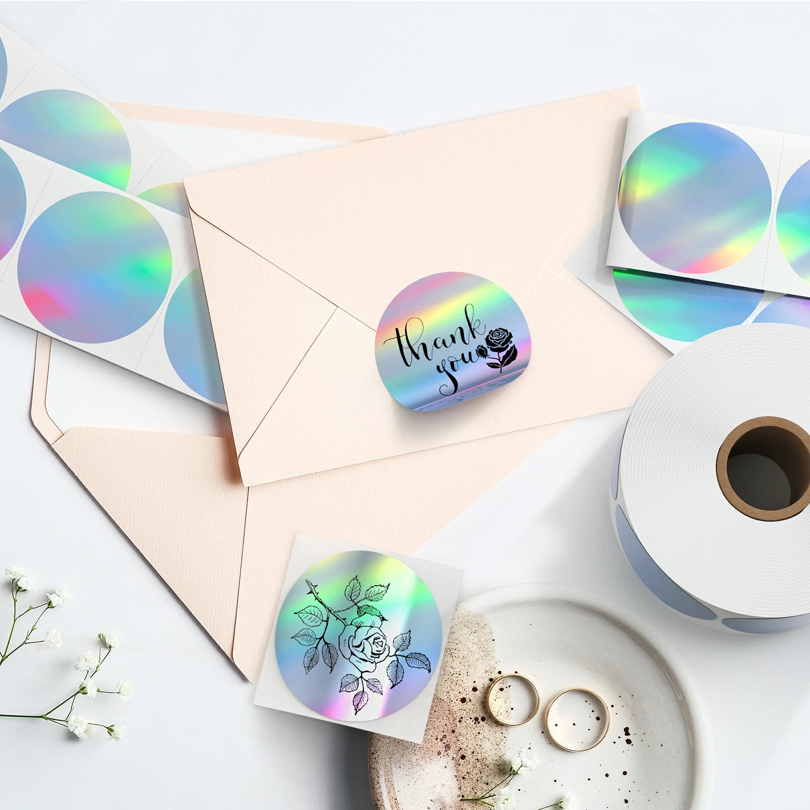 MUNBYN holographic silver round thermal labels are ideal to be used as envelope seals.