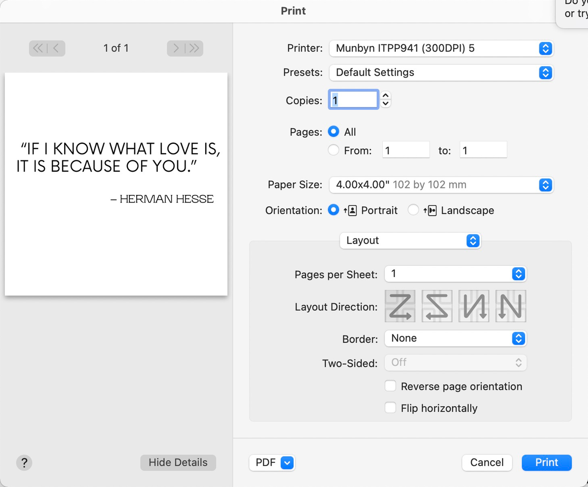 Notes for printing heart-shaped labels.