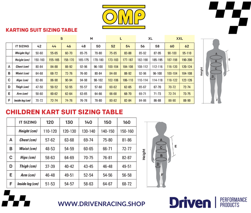 DRIVEN | OMP - Sizing Table - Karting Suits