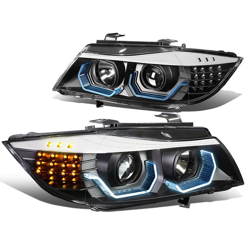 2006-2008 BMW E90 (3-Series) LED DRL Black Aftermarket Headlights