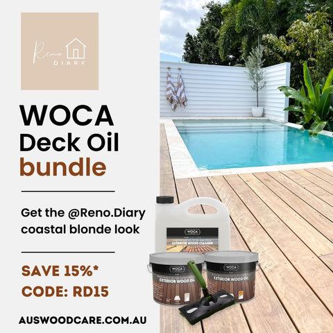 A flyer for the Reno Diary WOCA deck oil bundle, including the 15% discount code RD15