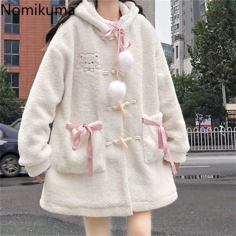 JazzHer Winter Coat Warm 2025 Women Clothing Preppy Style Fashion Thicked Hooded Outwear Oversized Tops Pockets Bow Cartoon Cute Jackets