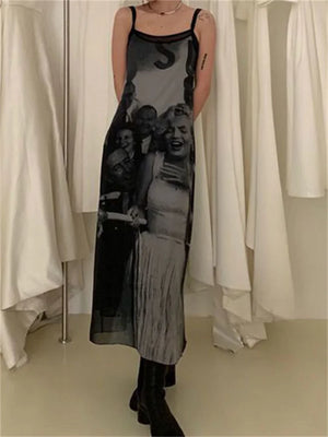 JazzHer Print Vintage Mesh All Match Dress Women Sexy Y2k Spaghetti Strap Maxi Dresses Korean Fashion 2 Piece Set Sheer Vestidos - JazzHer