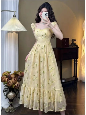 JazzHer French Floral Printed Midi Dresses for Women Summer New Holiday Beach Style Spaghetti Strap Party Dress Prom Robe Vestido Mujer - JazzHer