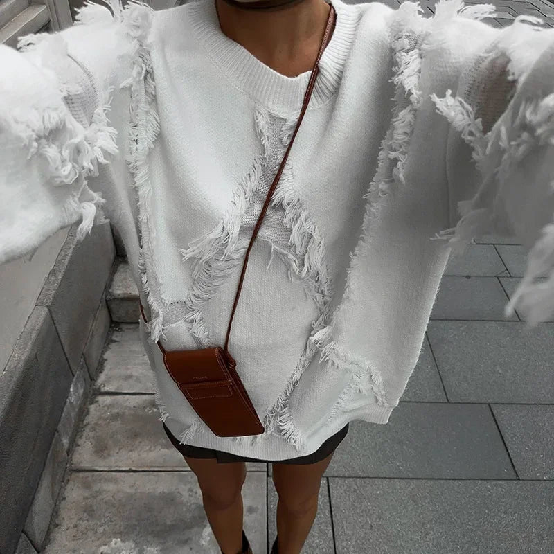 Black Friday JazzHer New Tassel Hollow Sweater Women's Casual Knitting Pullover Loose Patchwork Autumn Winter Warm Sweater Top Solid Outwear