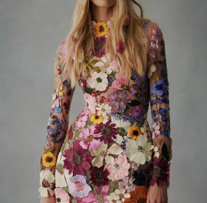 JazzHer Womens Dresses 2024 Spring Fashion 3D Flower Mesh Lace Embroidery Casual Mock Neck Long Sleeve Slim Fit Daily Mini Dress - JazzHer