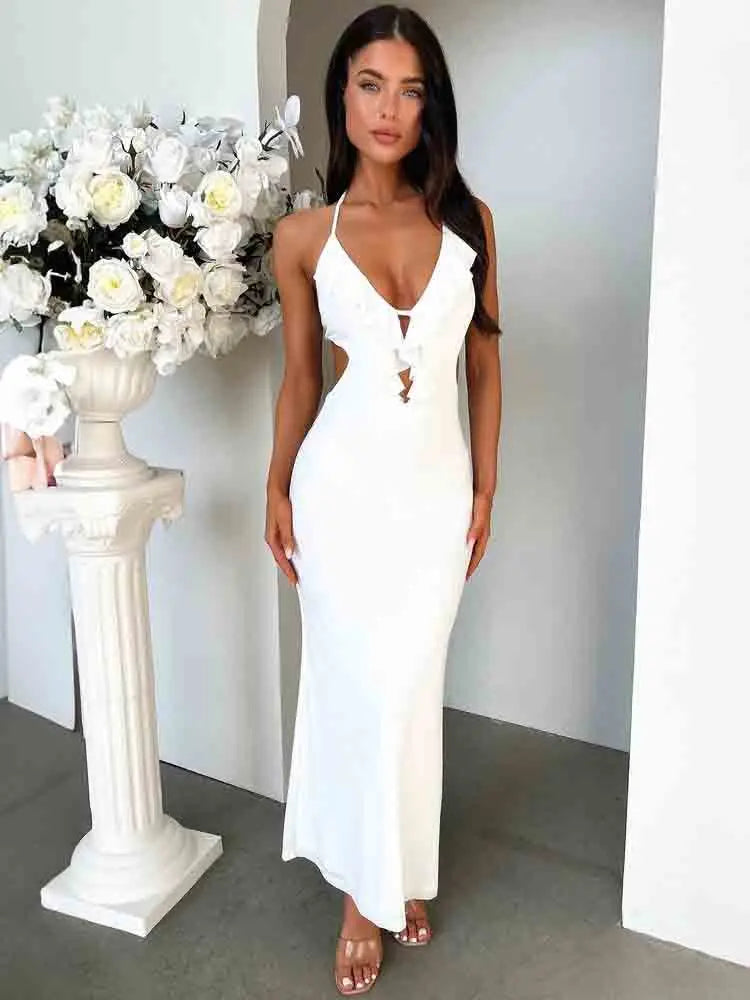 JazzHer White Lace Up Ruffle Backless Sexy Dress Women Elegant Holiday Casual Dress Bodycon Maxi Long Summer Dress Vestidos