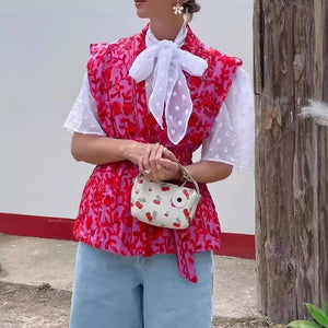 Black Friday JazzHer Fashion V-neck Printed Cardigan Sleeveless Cotton Vests Female Loose Lace Up Streetwear Women's Autumn Winter New Outwear - JazzHer