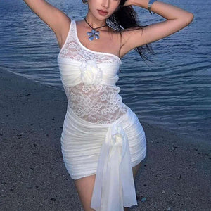 Black Friday JazzHer Lace Hollow Out Single Shoulder Dress For Women Solid Color Fold 3D Flower Lace Up Summer Party New Wrap Buttocks Dress - JazzHer