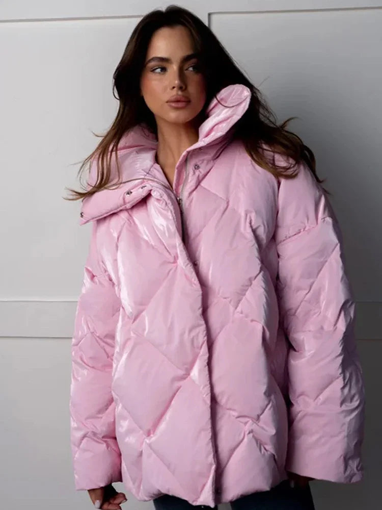 Black Friday JazzHer Diamond Lattice Cotton-Padded Jacket Women's  Autumn Winter New Loose Cotton Coat Matte Glossy Lapel Cotton Casual Jacket