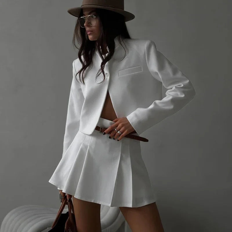 JazzHer White Fold Skirt Suits For Women Stand Collar Retro Coat Mini High Waist Skirt Female Fashion Party Autumn Two Pieces Set