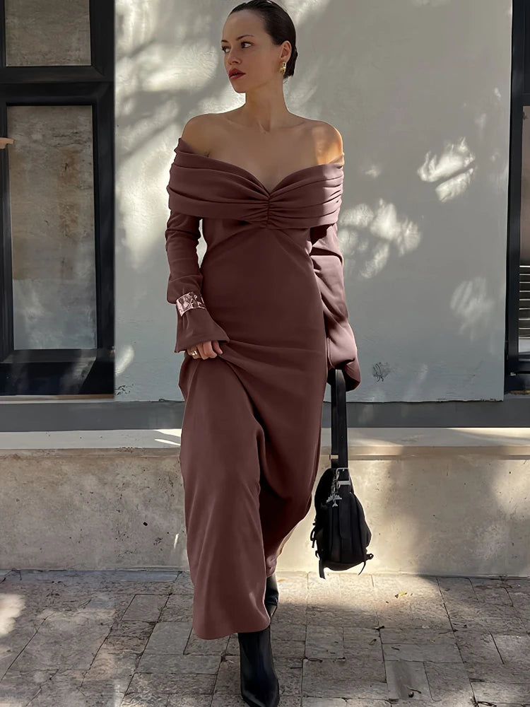 JazzHer Elegant Brown Knitted Long Dress For Women One-shoulder Ruched Sexy Sweater Dress Slim Plunge Club Party Dress Female