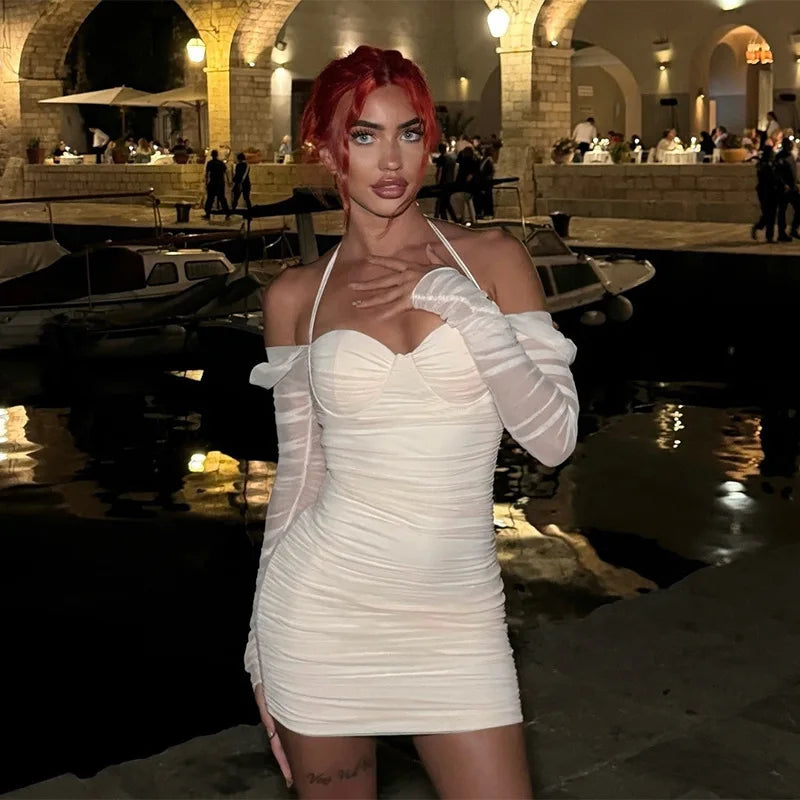 JazzHer Mesh Pleated Backless Elegant Evening Party Dress Women 2025 Robes Sexy Dress Mini Bodycon Halter Autumn Dress Vestidos