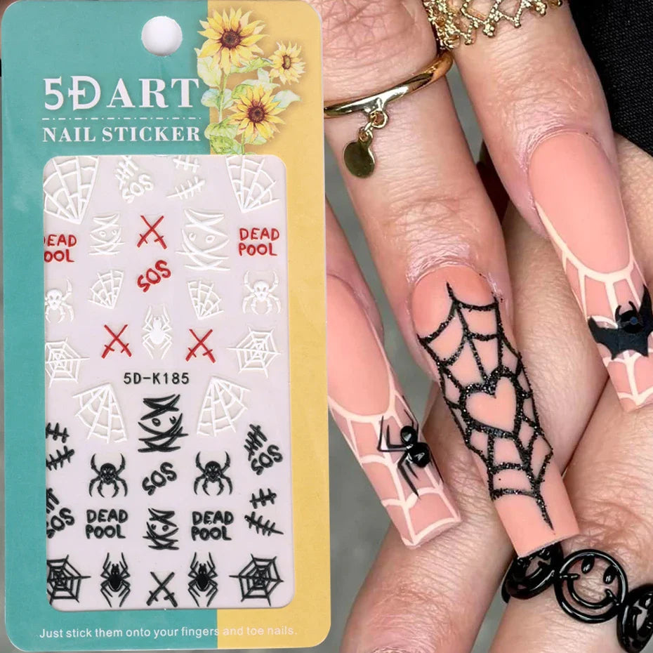 JazzHer 5D Embossed Bat Spider Nail Stickers Halloween Horror Nail Stickers Pumpkin Ghost Skull Nail Art Decals  DIY Manicure Accessorie