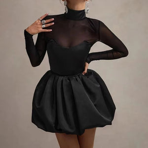 JazzHer Mesh Splice Long Sleeve Bud Dress For Women Turtleneck High Waist Folds Mini Dress Elegant Black Gown Sexy See Through - JazzHer