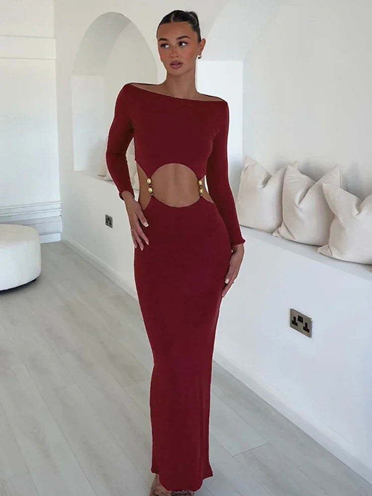 JazzHer Waist Hollow Slim Sexy Long Dress For Women Side Slits Fashion Long Sleeve Gown Dress High Elasticity Dress Lady Elegant