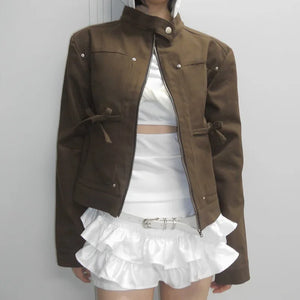 Black Friday JazzHer Bows Retro Jacket Woman Stand Collar Loose Casual Short Jacket High Street With Zipper Pocket Fashion Long Sleeve Outwear - JazzHer