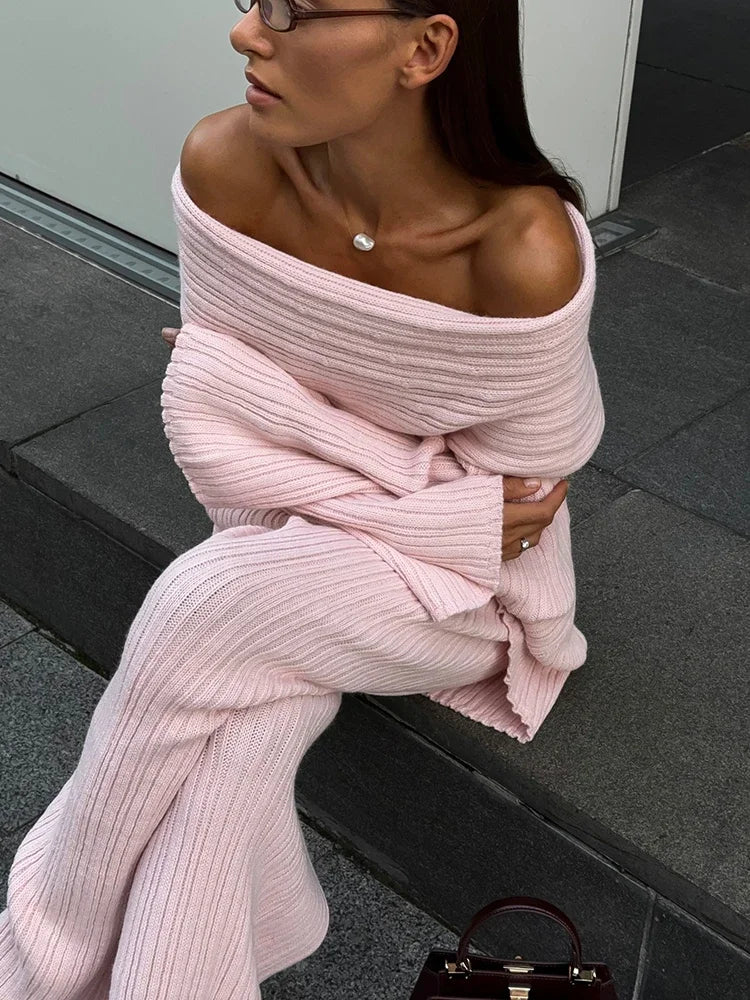 JazzHer Elegant One-Shoulder Knitted Dress For Women Loose Sexy Rib knit Sweater Autumn Winter Midi Dresses Female Long Sleeve