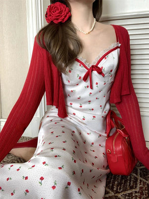 JazzHer 2024 New Sweet Sexy 2 Piece Dress Set Wonan Red Short Cardigan Print Sleeveless Midi Dress Party Korean Fashion Suit Female - JazzHer