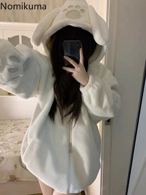 JazzHer Japanese Furry Jackets Women's Fall Winter Clothing Fashion Lamb Wool Hooded Zipper Outwear Casual Thicked Coat Cute Y2k Tops - JazzHer