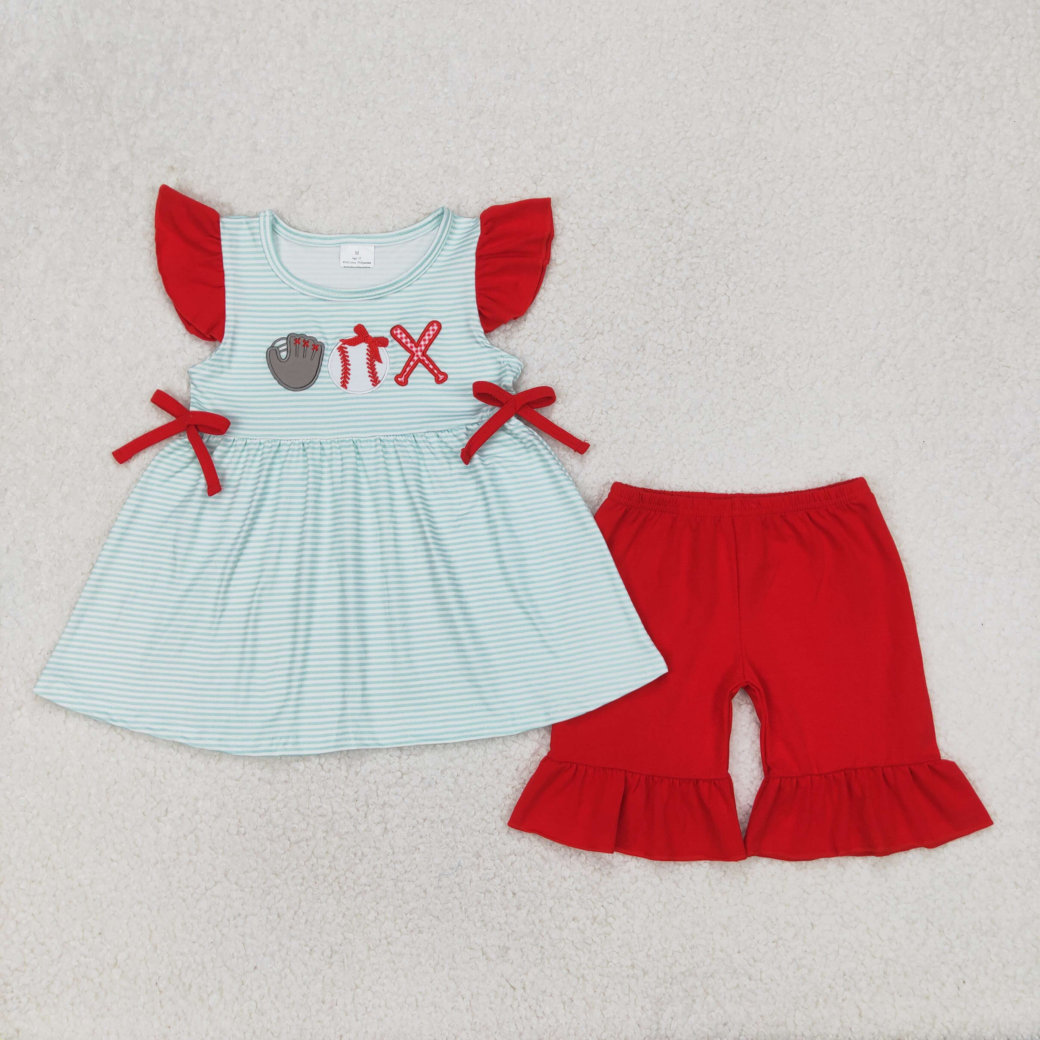 embroidery GSSO2317 play baseball bow striped flutter sleeve red shorts girls set