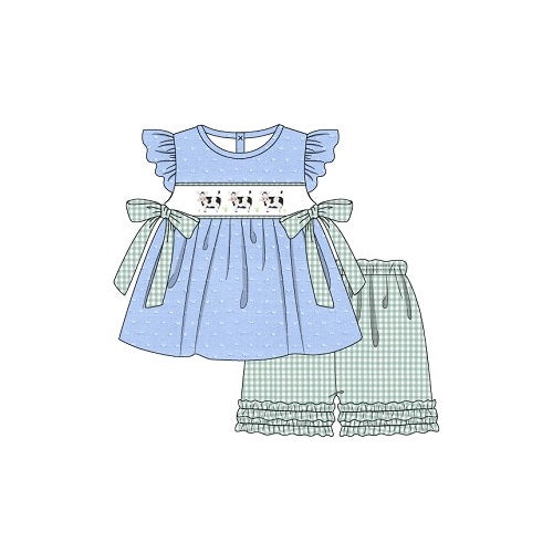 preorder GSSO1272 cow blue flutter sleeve bow top green checkered ruffles shorts girls set